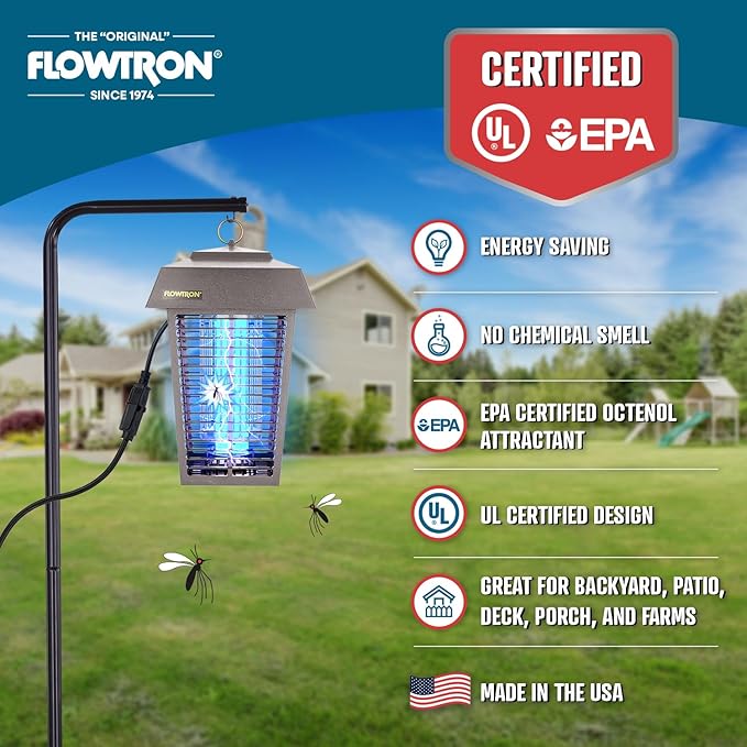 Flowtron Bug Zapper, 1 Acre of Outdoor Coverage with Powerful 40W Bulb & 5600V Instant Killing Grid, Electric Insect, Fly & Mosquito Zapper, Made in The USA - Grey Color