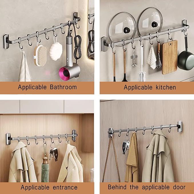 Rail Rack Organizer Self Adhesive Kitchen Utensil Rack Aluminum Wall Mounted Hanging Rail 8 Removable Hooks Pots Pans Spoons Knives,Black,45cm
