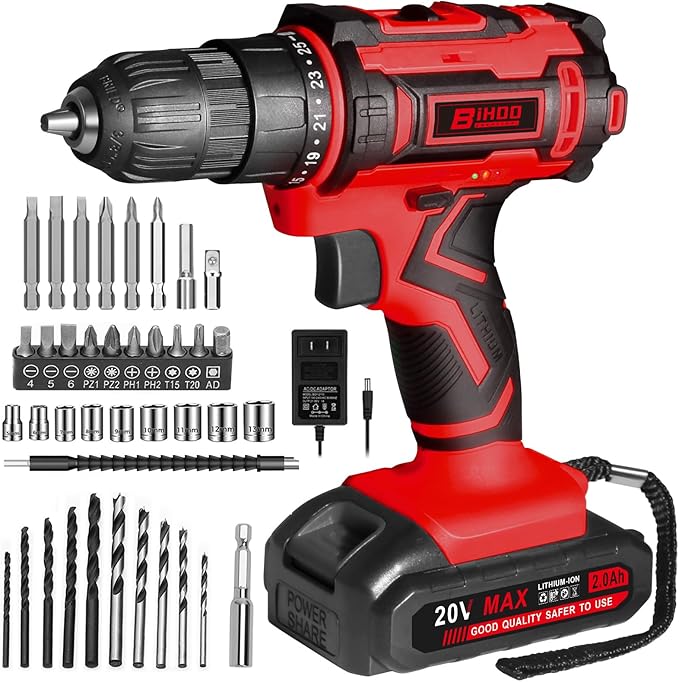 Cordless Drill Set,20V Drill Driver with Battery and Charger,3/8-Inch Keyless Chuck, Variable Speed,with Drills Bits Set,Red