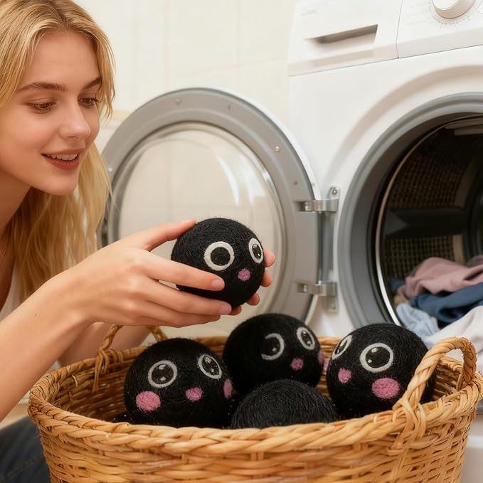Dry Balls, Black Wool Dryer Balls Laundryer Balls for Dryer Premium 6-Pack New Zealand Wool Save Drying Time by 30%, Eliminate Static Cling, Reusable & Eco-Friendly Chemical Free