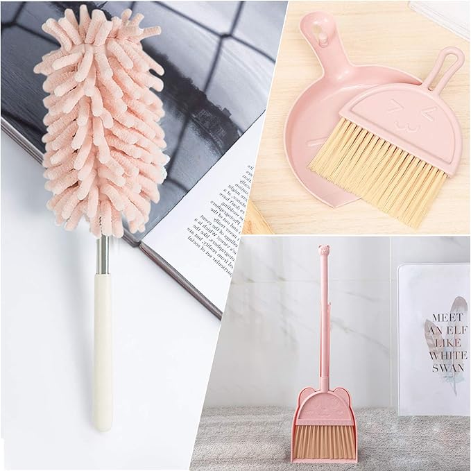 Kalolary 5 Pcs Mini Broom and Dustpan Set, Mini Broom with Dustpan for Home, Little Broom Dustpan Set with Extendable Duster for Cleaning for Office Home Table Desk Key Board