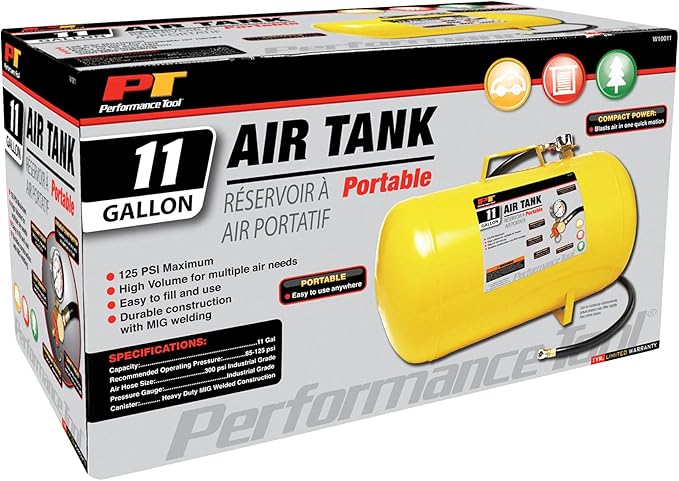 Performance Tool W10011 Hi-viz 11-Gallon Horizontal Portable Air Tank With Tire Air Chuck , Yellow