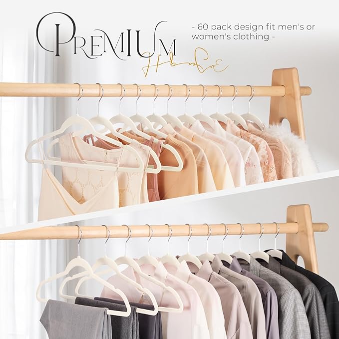 HOUSE DAY Premium Velvet Clothes Hangers Non-Slip Flocked Felt Hangers Heavy Duty Durable Coat and Suit Hanger, Vibrant Color Slim Lightweight Space Saving Hanger (20 Pack, Ivory)