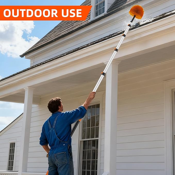 30 FT Reach Cobweb Duster with 5-24 FT Telescoping Pole, Dual Action Flip-Lock & Screw Fixing Design, Washable Reusable Duster for High Ceilings, Fans & Home Cleaning