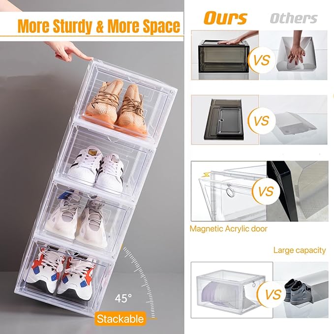 Attelite X-Large Clear Shoe Boxes Stackable Plastic Shoe Organizer ,Thicken & Sturdy Shoe Storage Box with Magnetic Door, Drop Front Shoe Box For Display Sneakers( 9 Pack, Clear White)