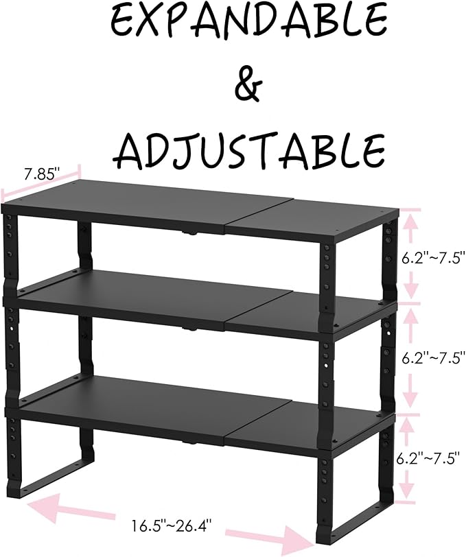 Adjustable Metal Shelving Unit, Stackable & Expendable Storage Rack for Home/Office/Kitchen, Space-Saving，Sturdy&Durable，Easy Assembly (3PACKS/Medium/Black