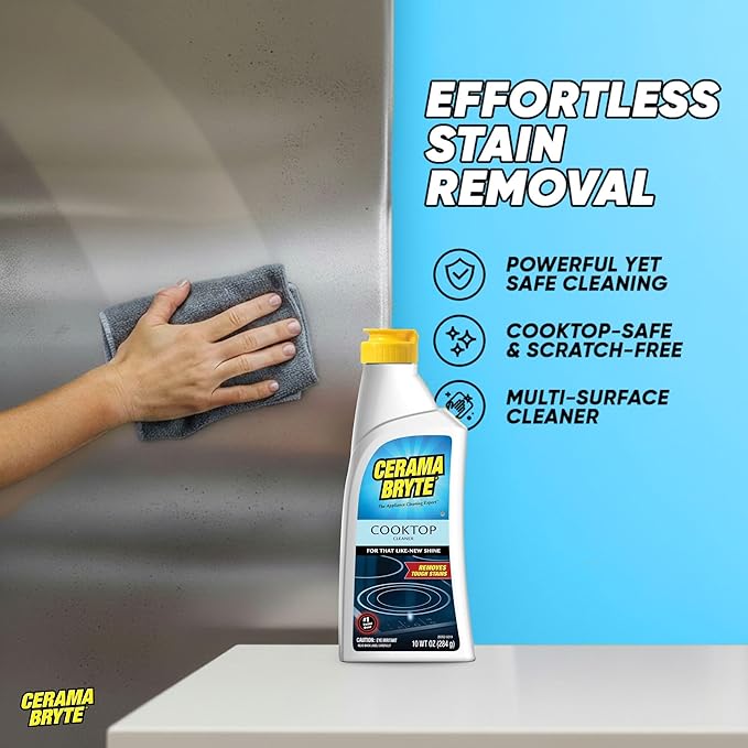 Cerama Bryte Glass Cooktop and Stove Top Cleaner Combo Kit - Includes Cleaning Tool, Razor, Scraper and 3 Pads to Remove Tough Stains - Use on Gas, Electric, Ceramic Surfaces, 10 Ounces, 6 Piece