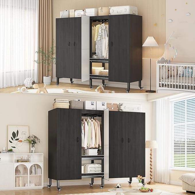 Heavy Duty Covered Clothes Rack with Magnetic Door Foldable Portable Wardrobe Closet for Hanging Clothing Rolling Black Metal Garment Rack on Wheels Closet System (Black, 58.9in)