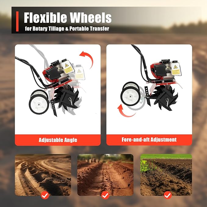 2 Stroke Tiller Cultivator, 52CC 1700W Gas Powered Garden Tiller Single Cylinder Air Cooled Tilling Machine Infinite Speed Regulation Rototiller w/4 Blades&0.22Gal Fuel Tank for Cultivation Ploughing