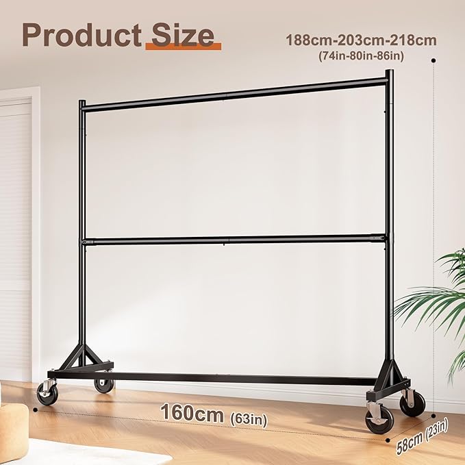 HOKEEPER Z Rack for Clothing Heavy Duty Clothes Rack Hold 550 LBS Commercial Garment Rack with Wheels Rolling Portable Z Base for Bedroom, Living Room, Laundry, Black, 22.8" D x 62.6" W x 87.8" H