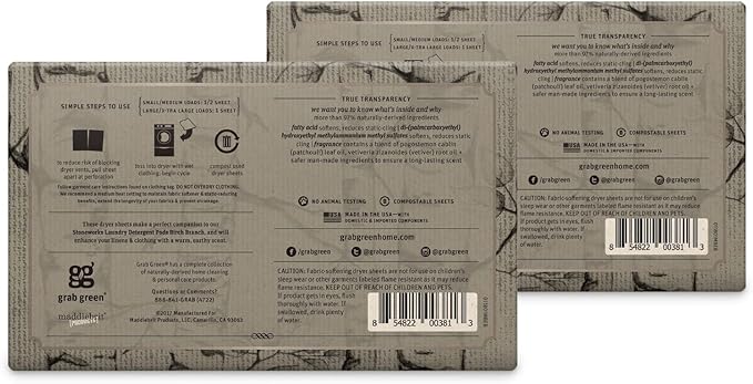 Grab Green Stoneworks Cruelty-Free Dryer Sheets | Softens Fabrics, Freshens Clothing & Reduces Static-Cling and Wrinkles | Plant Based | Birch Branch Scent (160 Sheets)