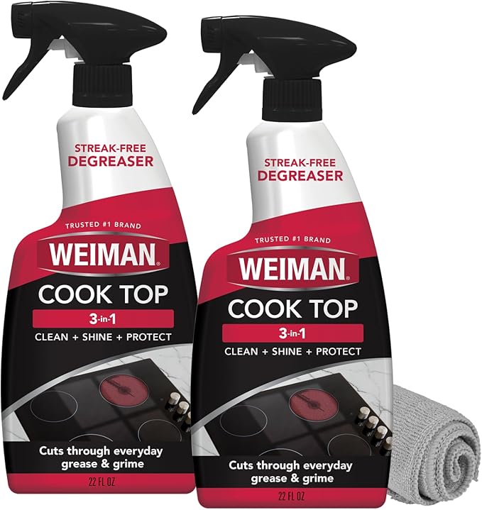 Weiman 2-Pack Cooktop Cleaning Spray & Microfiber Cloth – Cooktop & Oven Cleaner for Streak & Residue Free - Non-Abrasive Degreaser Safe for Glass & Ceramic