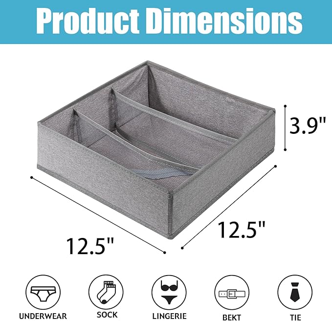 Dresser Drawer under Cabinet Clothes Organizer 3 Cell Foldable Storage Cubes Underwear Drawer Organizer Dividers Storage Boxes for Bra, （Grey）