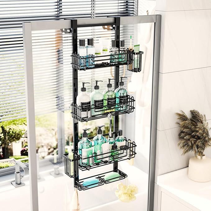 HapiRm 4 Tier Over the Door Shower Caddy, Hanging Shower Caddy with 22 Hooks and 2 Toothbrush Holders, No Drilling Adjustable Hanging Bathroom Organizer - Black