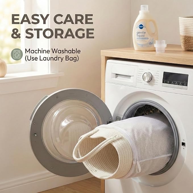 JMvicyroam 115L Extra Large Blanket Basket for Living Room - Woven Cotton Rope Laundry Hamper with Reinforced Handles - Storage Bin for Pillows, Comforters & Toys - Machine Washable,White