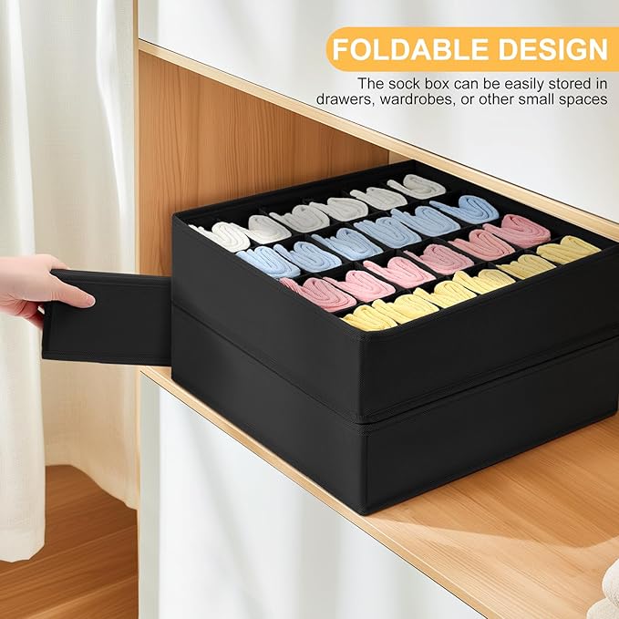 Joyoldelf Sock Drawer Organizer Divider 2 Packs Underwear Organizer, 24 Cell Collapsible Closet Cabinet Organizer Underwear Storage Boxes for Storing Socks, Handkerchiefs, Ties, Belts (Black)