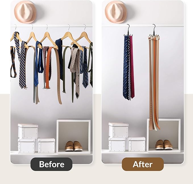 ZEDODIER Tie Hanger for Closet, 2 Pack Rotatable Tie Organizer for Men with 16 Hooks, Heavy Duty Space Saving Tie Rack for Ties and Belts, Black