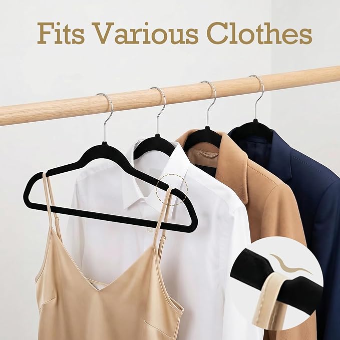 HOUSE DAY Premium Velvet Hangers, Non-Slip Thin Flocked Felt Hangers, Sturdy Clothes Hangers Heavy Duty Coat Hangers & Suit Hangers, Durable Suit Hangers for Closet Space Saving (20 Pack, Black)
