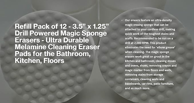 Refill Pack of 12 Drill Powered 3.5” Magic Sponge Erasers | Compatible with RotoEraser | 25% Thicker Ultra Durable Melamine Cleaning Eraser Pads for Bathroom Kitchen Floors | Round 3.5" x 1.25" Thick