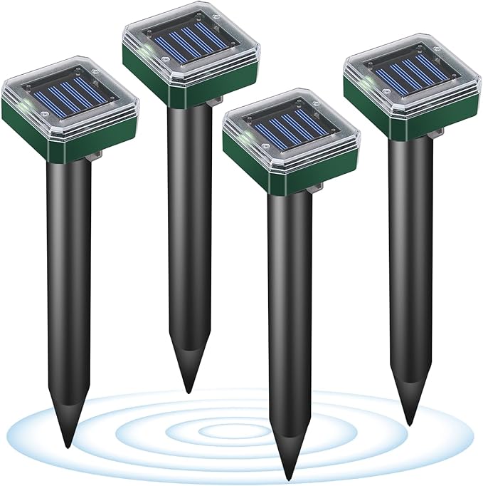 Solar Powered Mole Repellent, 4 Pack Ultrasonic Gopher Vole Deterrent Outdoor - Waterproof Sonic Spikes for Lawn, Garden & Yard - Repels Rats Squirrels Skunks Chipmunks Groundhogs Snakes & Rodents