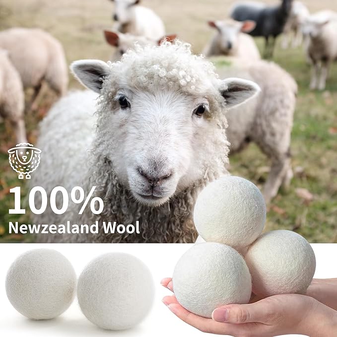 Organic Wool Dryer Balls Wool Balls for Dryer, Laundry Balls for Dryer Reusable 6P Reducing Clothing Wrinkles,Saving Drying Time and Fabric Fluffier 100% New Zealand Wool Lint Balls (24p White)
