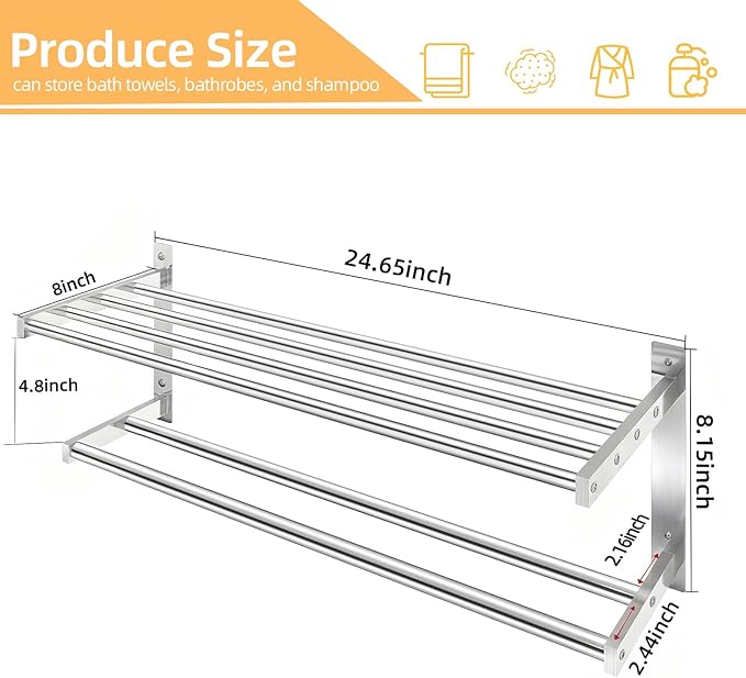 Towel Racks for Bathroom 24 inch, 2 Tier Bathroom Shelf with Double Towel Bar, Stainless Steel Wall Mounted Towel Rack with Shelf for Bathroom Towels Storage, Brushed Nickel