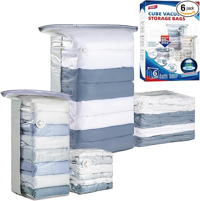 TAILI 6 Pack Vacuum Storage Bags, Cube Space Saver Bags Combo (3 Jumbo +3 Medium), Vacuum Seal Bags for Bedding, Clothing, Comforters, Blankets, Closet Oragnizer and Storage