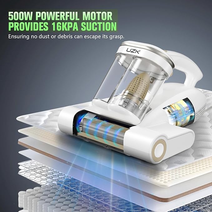 Bed Vacuum Cleaner Mattress Vacuum Cleaner,16Kpa Powerful Handheld Vacuums with UV-C Light & Double Dust Cup & High Heating & Ultrasonic & HEPA Filter for Bed Sofa(Corded,Beige White)