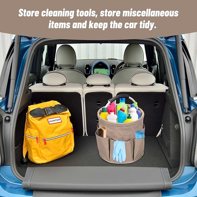 Qivine 17L Cleaning Caddy with Handle, Cleaning Supply Caddy, Foldable Tool Bag Cleaning Products Organizer, Portable Cleaning Bucket Caddy for Cleaning Supplies (Khaki)