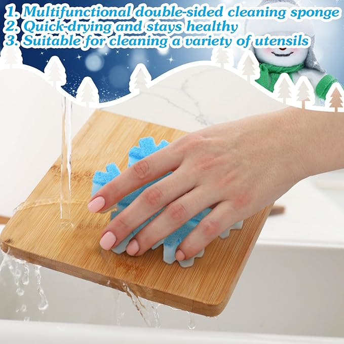 Tioncy 12 Pack Christmas Snowflake Sponges Bulk White Blue Dual Sided Scrubber Christmas Kitchen Sponges Dishwashing Non Scratch for Kitchen Accessories Dish Scouring