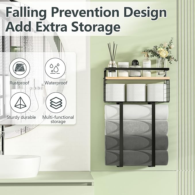 Xstydes Towel Racks for Bathroom, Metal Towel Holder with Storage Basket,Wall Towel Rack for Rolled Towels, Towel Storage for Small Bathroom.