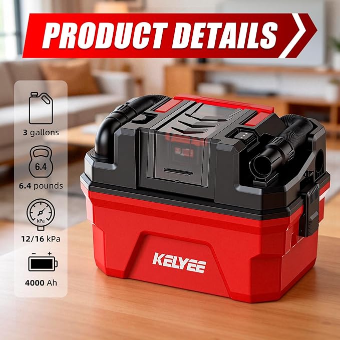 Cordless Shop Vac - 3 Gallon Small Shop Vac Wet and Dry with Accessories, 2 x 4.0Ah Batteries Wet Dry Vacuum, Ideal for Garage, Car, Workshop (Red)