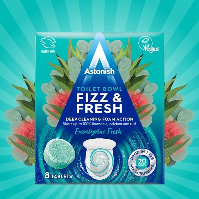 Astonish Foaming Eucalyptus Toilet Bowl Cleaner - Deep Cleaning Limescale, Calcium & Rust - No Bottle, Removes Hard Stains - Box of 8 Tablets
