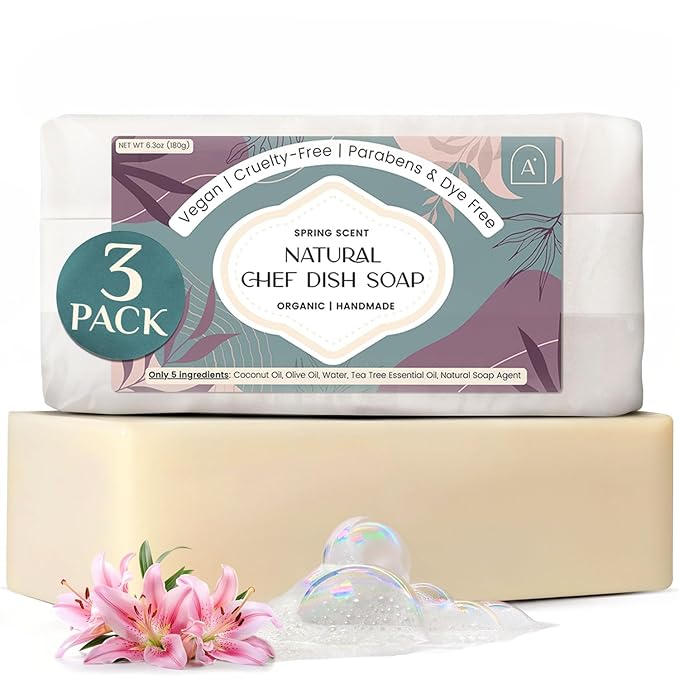 All Natural Dish Soap Bars - Bar Soap for Dishes, Biodegradeable Dish Soap Block, Kitchen Soap, All Natural Non Toxic, Low Waste Kitchen Dishwashing Bar Soap-Spring Scent (3 Pack, 6.3oz)