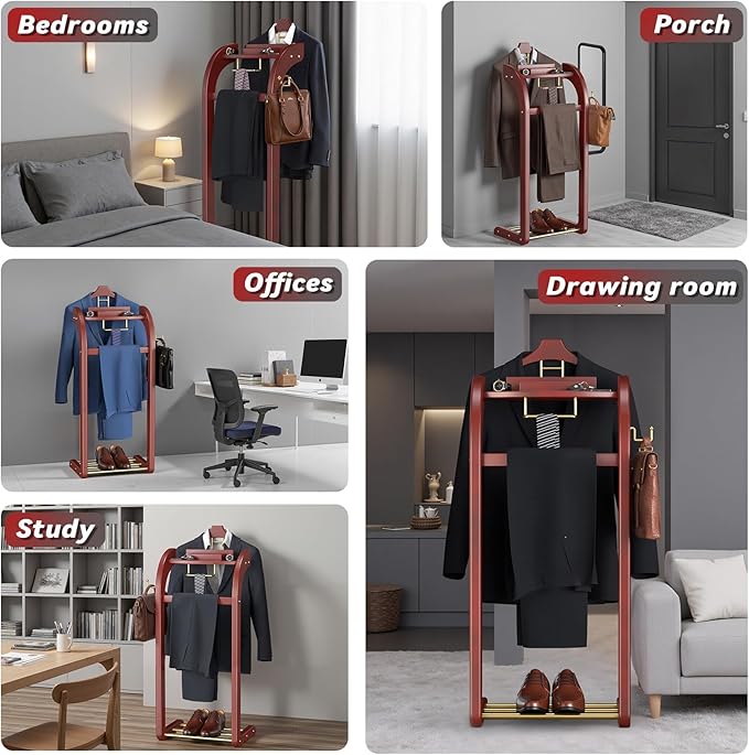 Suit Valet Stand for Men, Wood Mens Valet Stand with Base, Contour Hanger, Tray, Trouser Bar and Tie Bar, Clothes Valet Stand for Bedroom Entryway Home Living Room Office (Reddish brown)
