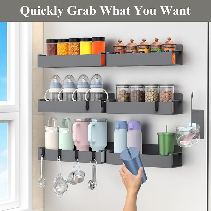 Magnetic Water Bottle Holder for Refrigerator, Cup Holder Organizer for Stanley and Tumbler for Kitchen, 6 Pack, Dark Gray