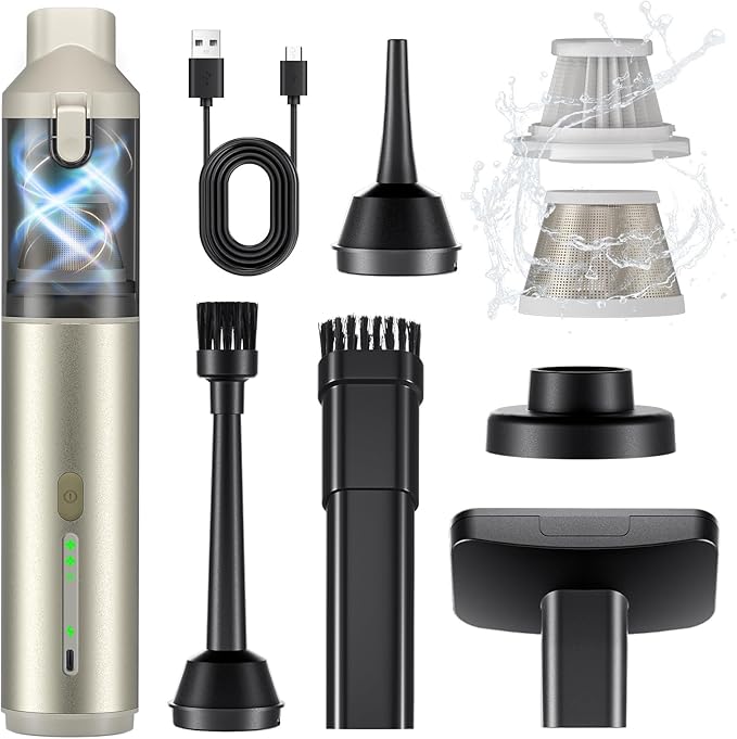 Car Vacuum Portable with 16000Pa Powerful Suction, Handheld Vacuum Cordless Rechargeable Blow & Suction 4 in 1, Small Vacuum Cleaner for Car, Outdoor, Home, Office (Gold Renew)