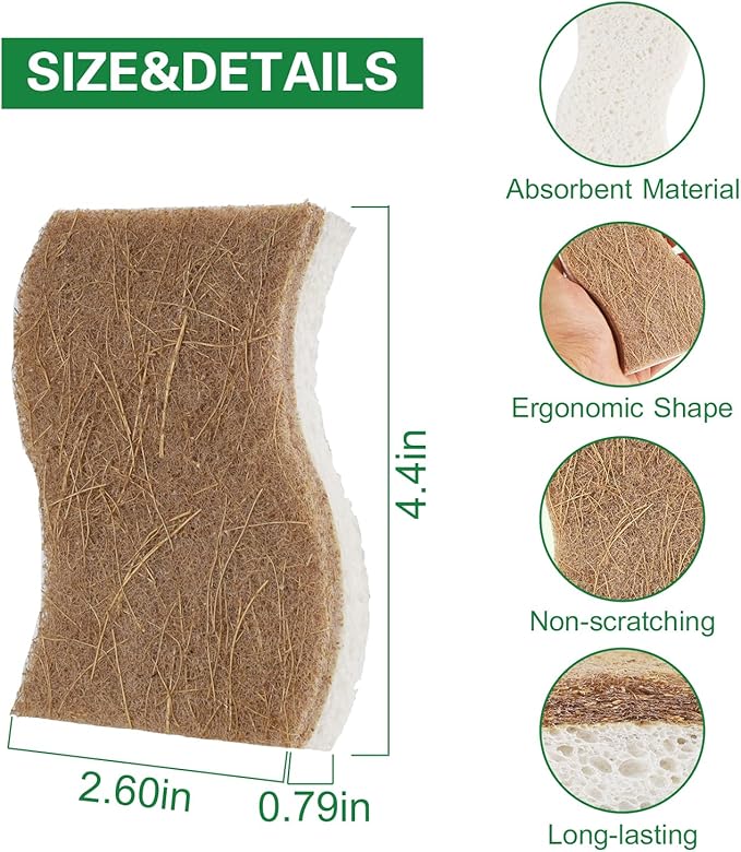Natural Kitchen Sponge,12 Pack Kitchen Dish Sponge with Coconut Fiber and Compostable Cellulose, Natural Household Cleaning Sponge for Dishes,Pots,Sinks