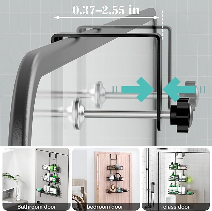 DAOYA Over the Door Shower Caddy Hanging, 3 Tier Adjustable Shower Organizer with Soap Holder, Rustproof Bathroom Shelves Hanging on the Bathroom Glass Door, Matte Black