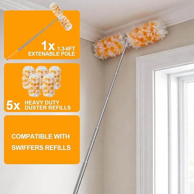 Gelibo 6ft Extendable Duster Handle with 5 Refills,Compatible with Swiffer,360°Rotating Ceiling Fan Dusters with Lock, Heavy Duty Microfiber Dusting Pads for Home Cleaning,Blinds,Hard-to-Reach Areas