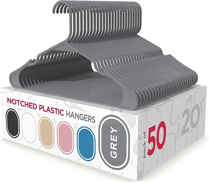Sharpty Plastic Hangers Clothes Hangers for Clothing, Closet, Coats & Shirts - Notched, Durable, Thick, Tough & Space Saving - for Everyday Standard Use, Room Essentials & Basics - 50 Pack - Grey