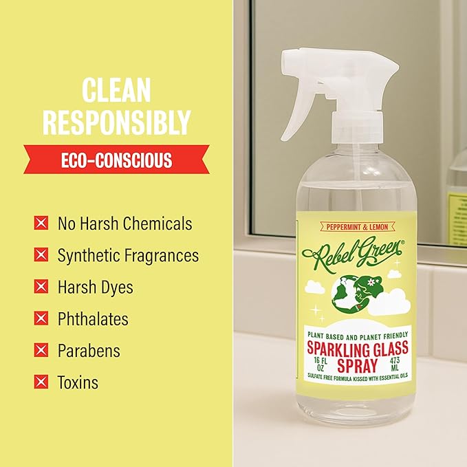 Rebel Green Sparkling Glass Spray - Streak-Free Natural Glass Cleaner for Windows, Mirrors, and Surfaces - Peppermint & Lemon Scent - 16 oz - 2 Pack