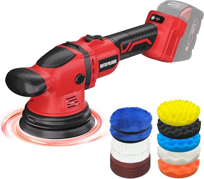 Cordless Buffer Polisher Kit for Milwaukee 18V/M18 Battery (No Battery), 6-Inch Orbital Car Polisher 6 Speed 1800—5500 RPM, 17PCS Polishing Accessories, for Car Polishing/Waxing (Tool Only)