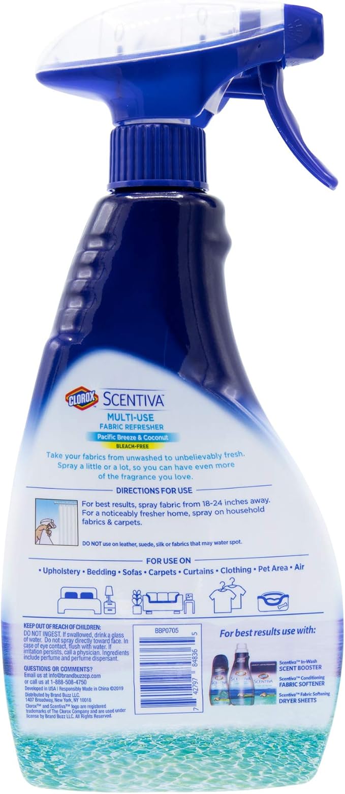Clorox Scentiva Fabric Refresher Spray for Household Home Fabrics, Odor Refreshing Spray for Upholstery, Curtains, Bedding and Carpets, Pacific Breeze Coconut Scent, 16.9 Fl Oz