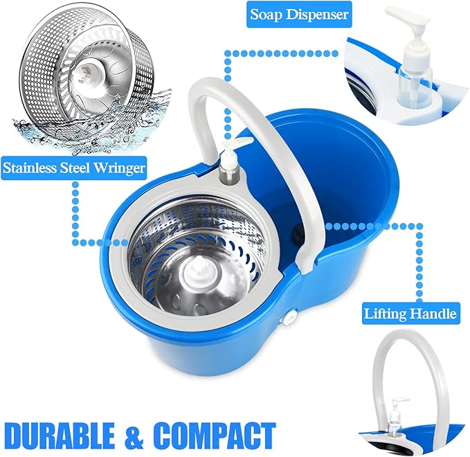 Spin Mop and Bucket System | 360 Spin Mop and Bucket with Wringer Set | Mops for Floor Cleaning | 3 Microfiber Mop Replacement Head Refills | 61" Extended Handle | Wet and Dry Use Floor Mop