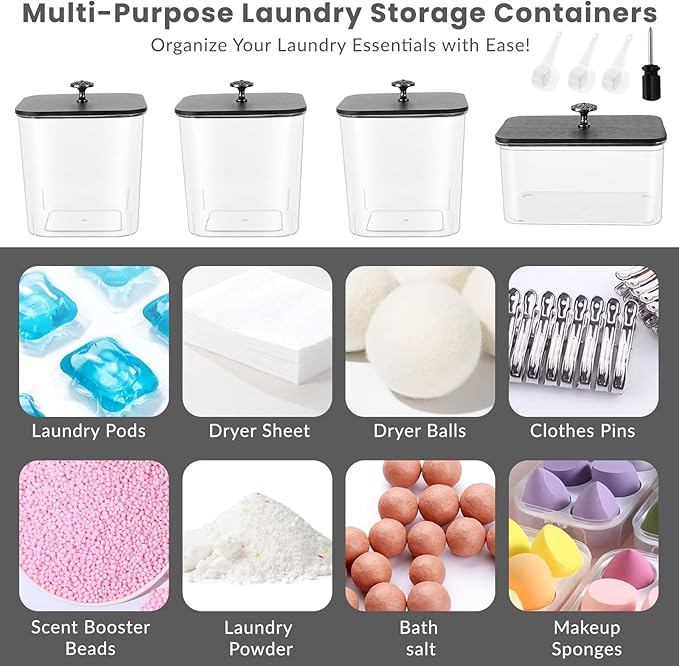 4 Pack Laundry Pods Container & Dryer Sheet Holder - Clear Plastic Laundry Room Organization Storage Containers with Black Lids, Scoops & Labels for Detergent Pods, Powder, Scent Boosters, Beads
