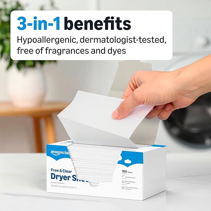 Amazon Basics Dryer Sheets, Free & Clear, Laundry Fabric Softener, Hypoallergenic, 160 Count