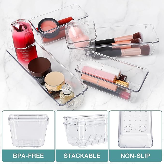 StorMiracle 10 PCS Drawer Organizer Set,4 Varied Size Bathroom and kitchen Drawer cabinet organizer Trays, Clear Storage Bins for Makeup, Jewelry, Utensils and Gadgets