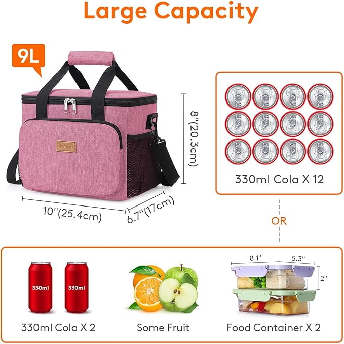 Lifewit Medium Lunch Bag, Insulated Lunch Box, Soft Cooler Cooling Tote for Adult Men Women, Pink 12-Can (9L)