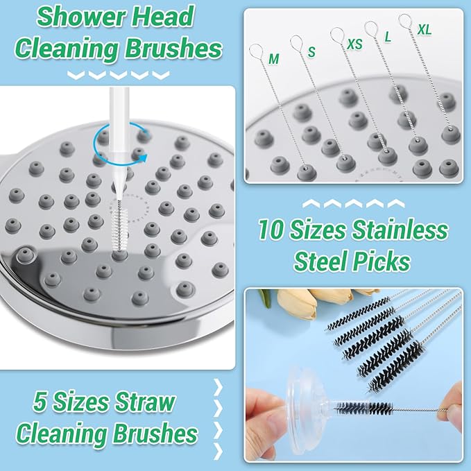 50-in-1 Shower Head Cleaner Kit with Stainless Steel Needles | Reusable Straw Brush | Unclog Tiny Nozzles for Shower, 3D Printer, Straws, Faucets, Electronics | White